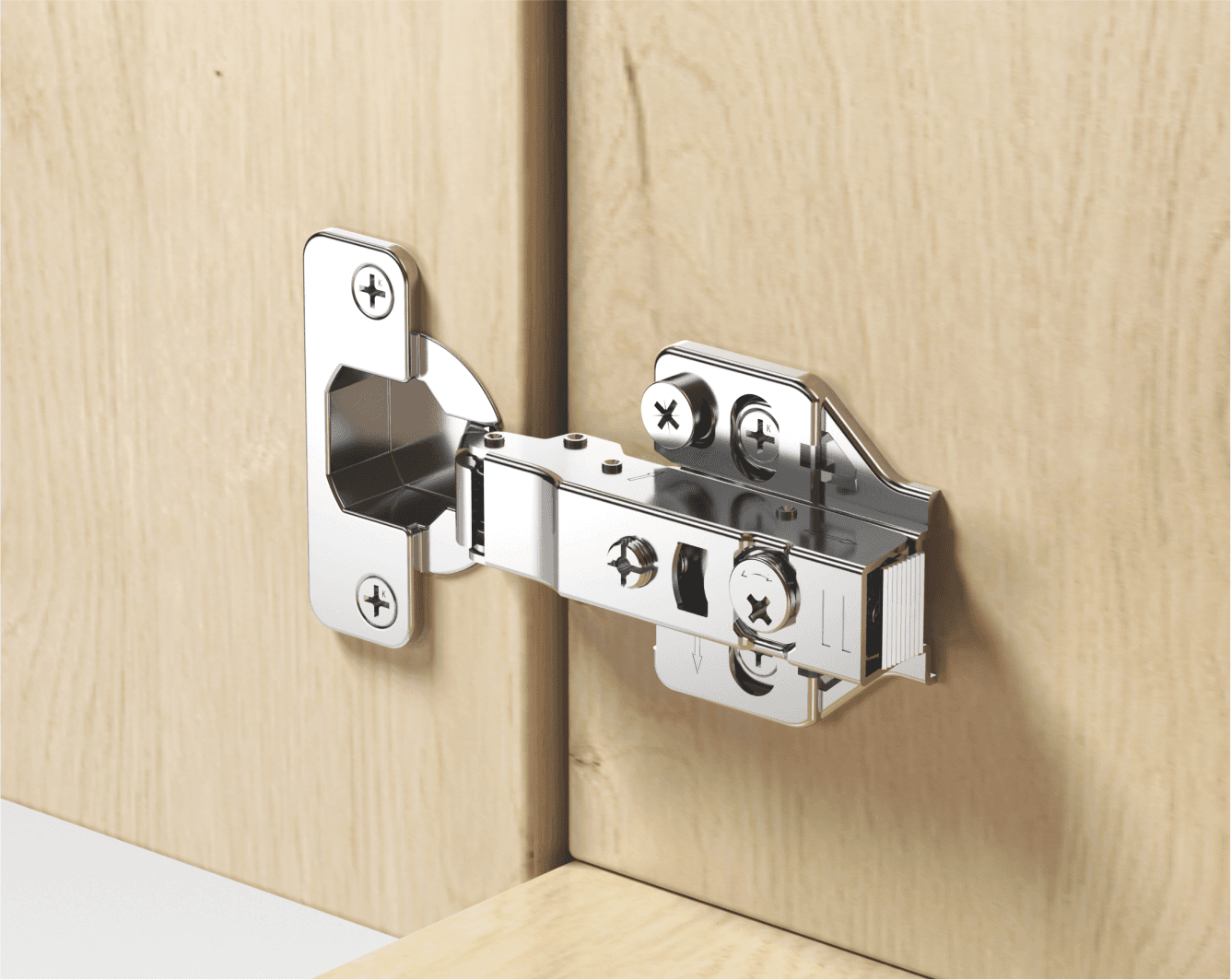 TERQ CQS100 stainless steel concealed hinge installed on a cabinet door