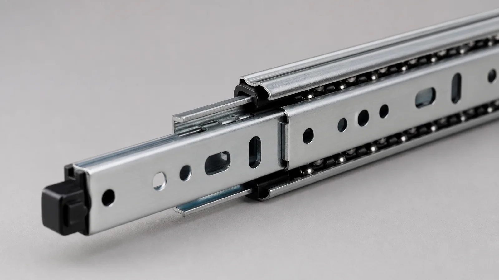 Close-up of drawer slide rail mechanism and mounting holes