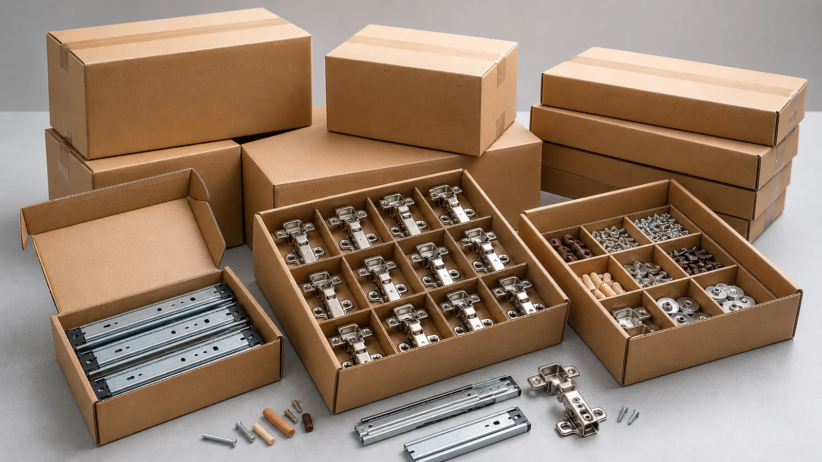 Unbranded cartons and furniture hardware prepared for B2B delivery discussion