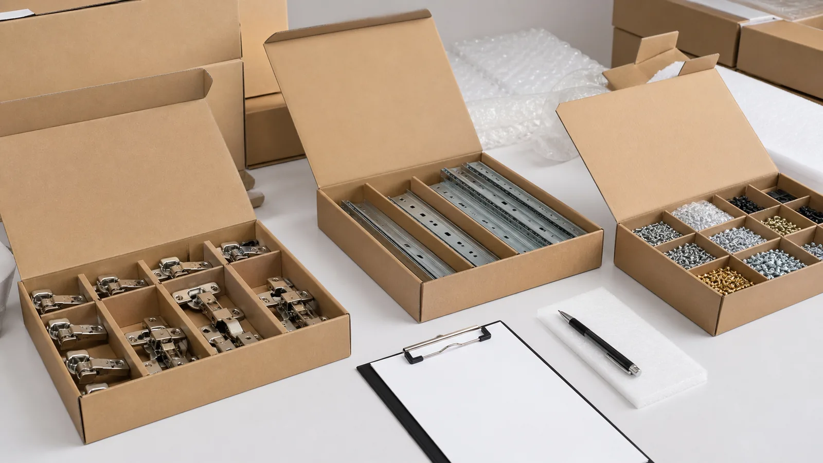 Furniture hardware and cartons prepared for pre-shipment review