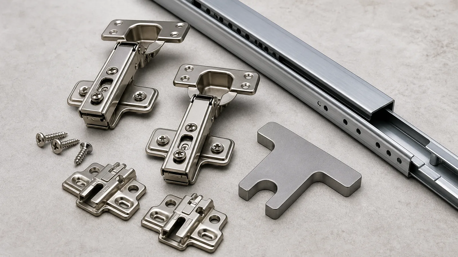 Hinges, drawer slide rail, and fittings arranged for hardware detail review