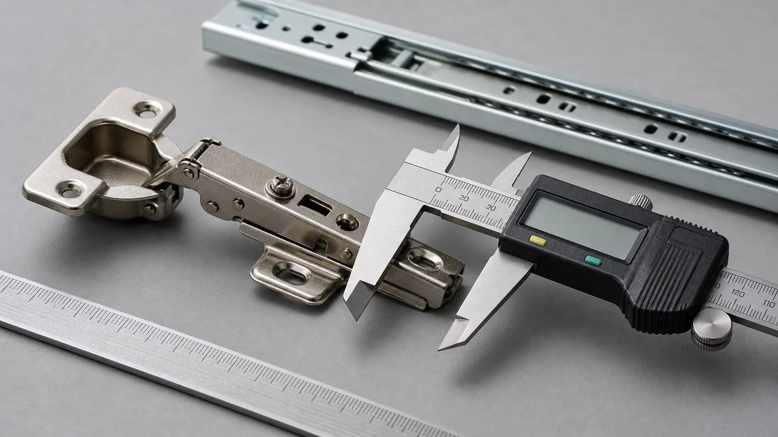 Furniture hardware measured with calipers for practical product review