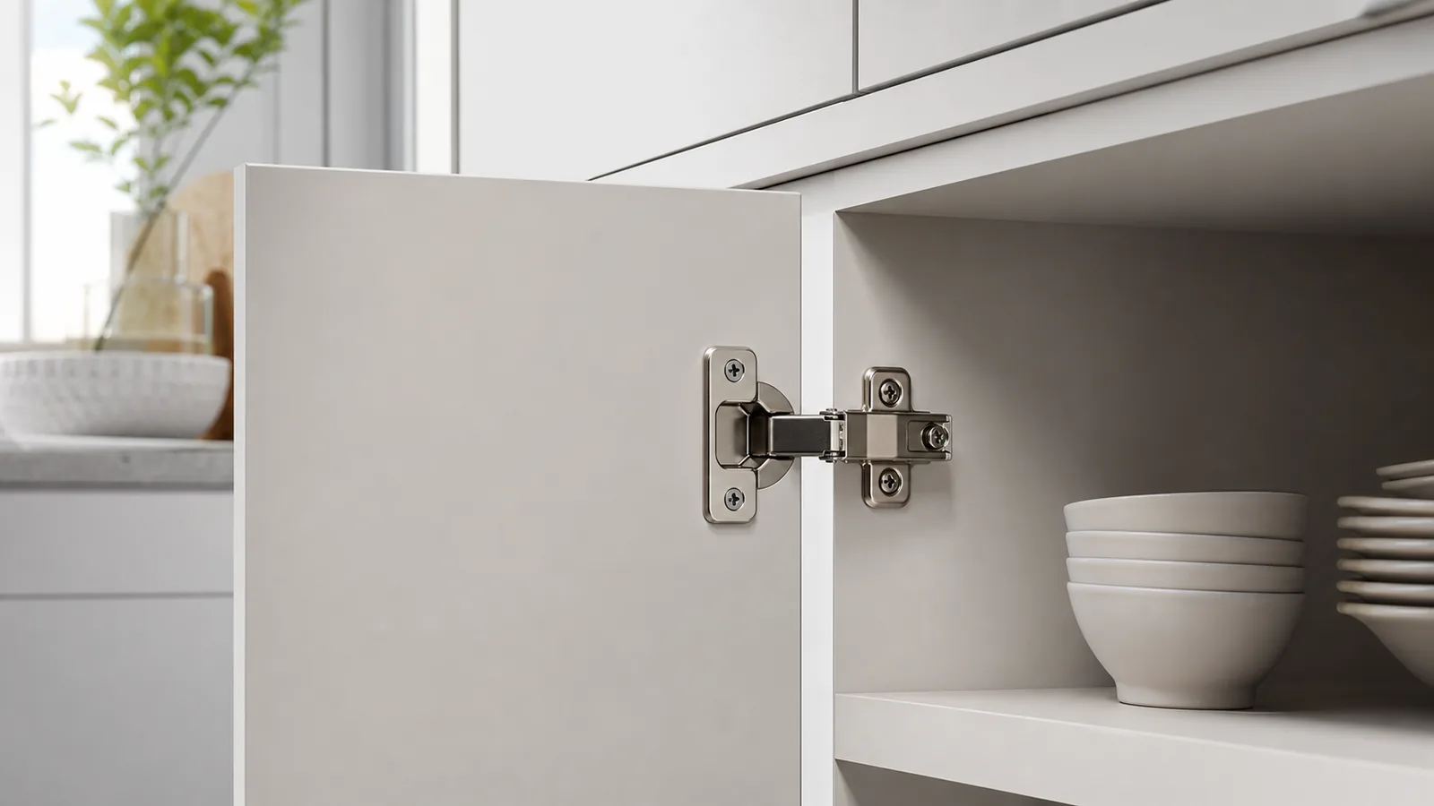 Concealed cabinet hinge installed in a furniture application