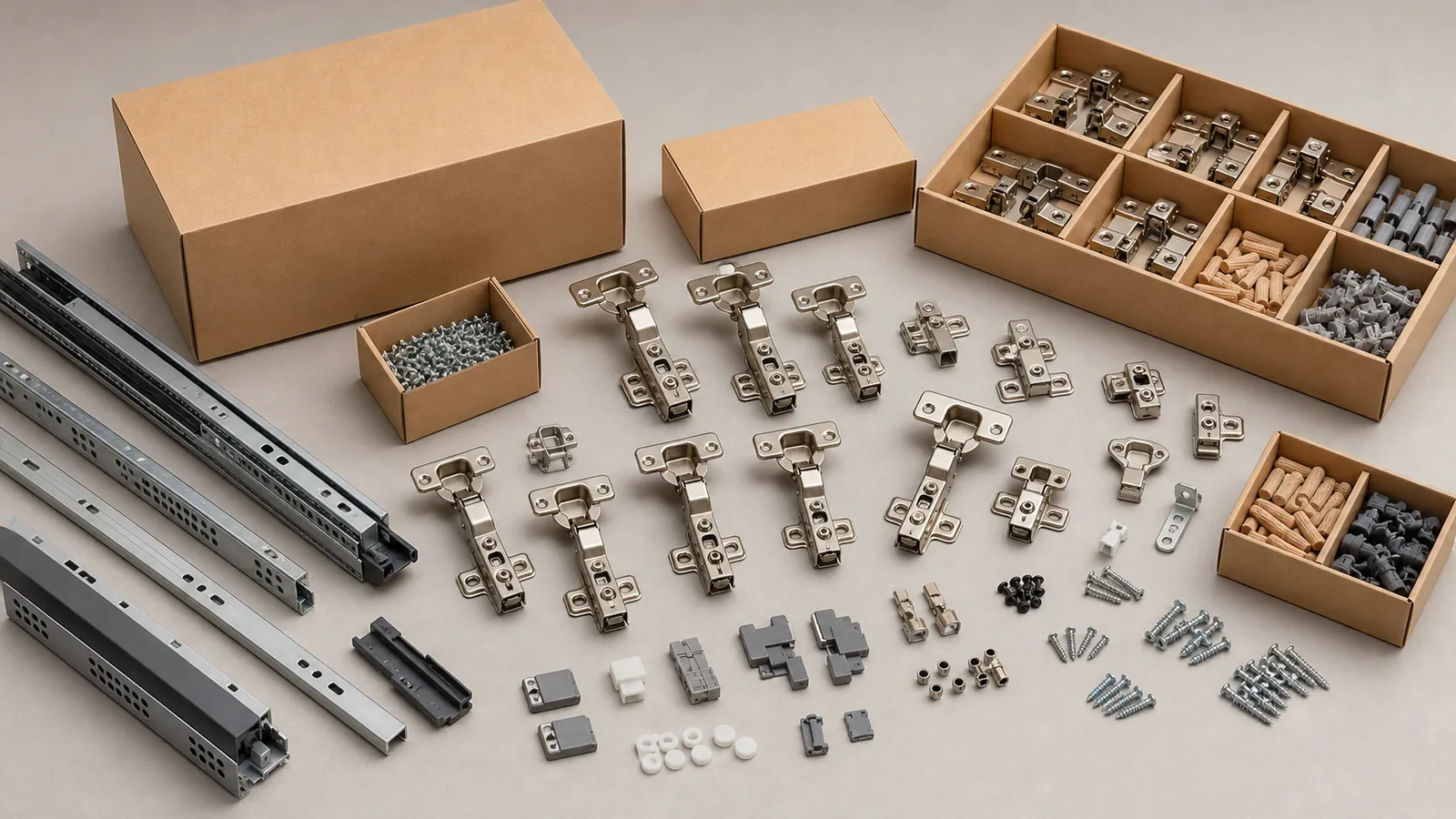 Organized furniture hardware parts for product discussion