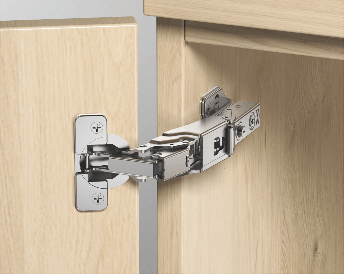 TERQ GS155 wide-angle concealed hinge installed on a cabinet door