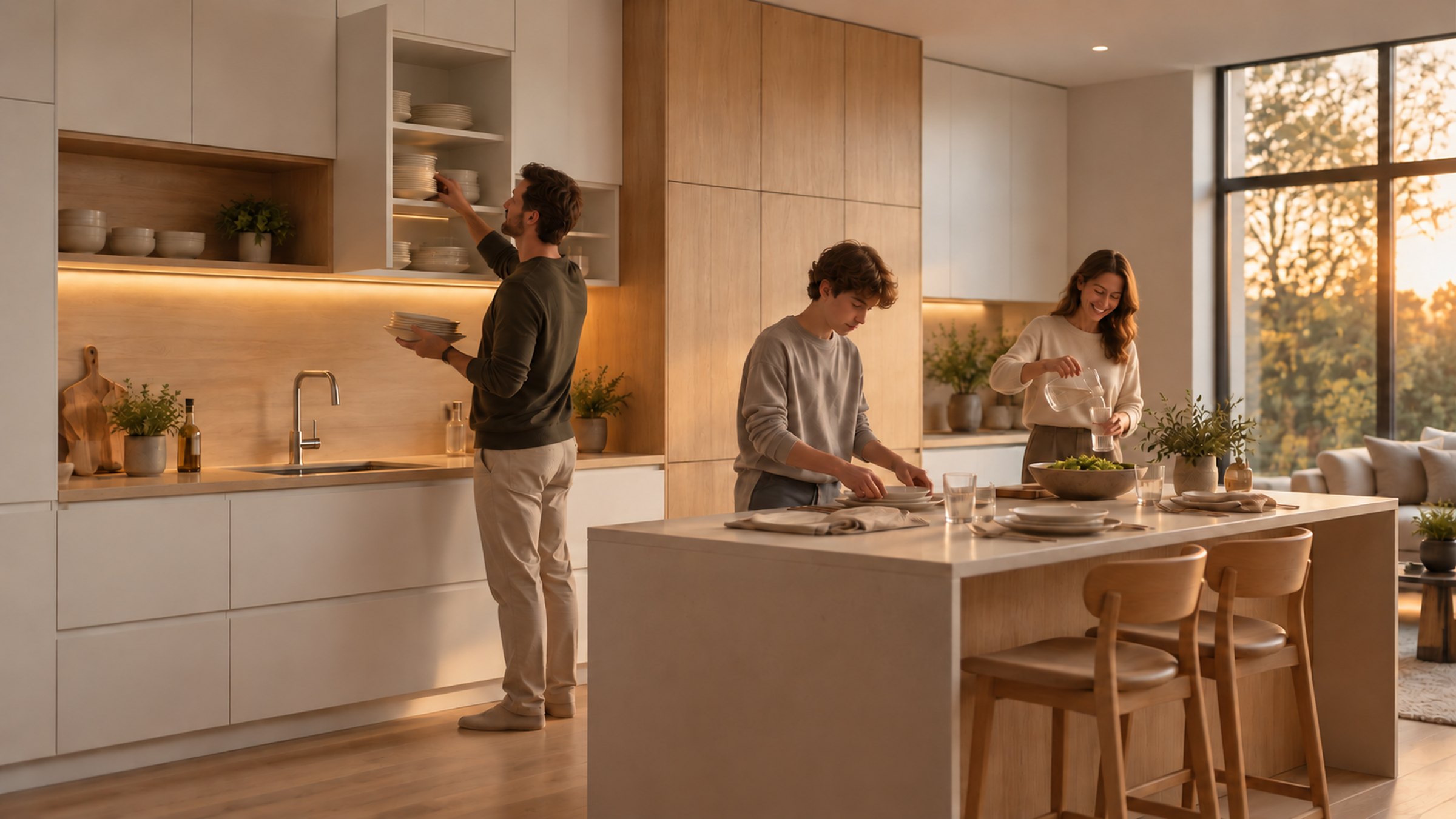 A family together in a warm, light-oak kitchen