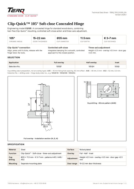 CQ105 technical data sheet, page 1