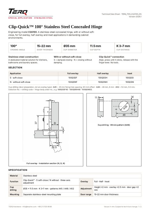 CQS100 technical data sheet, page 1