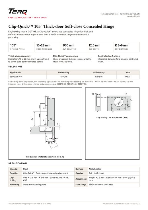 CQT105 technical data sheet, page 1