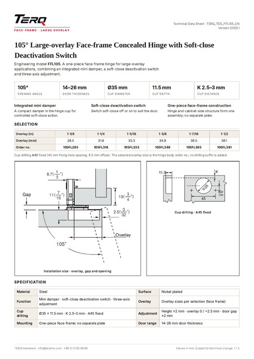 FFL105 technical data sheet, page 1