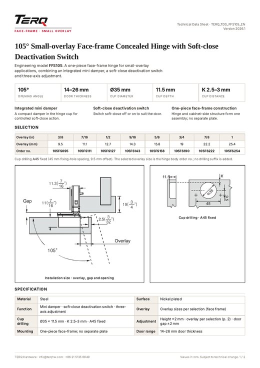 FFS105 technical data sheet, page 1