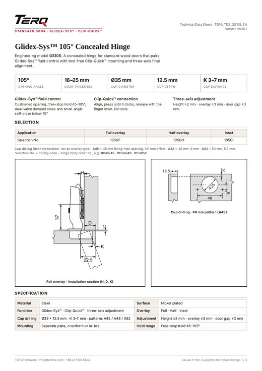 GS105 technical data sheet, page 1