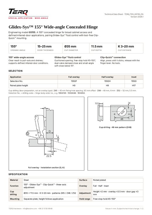 GS155 technical data sheet, page 1