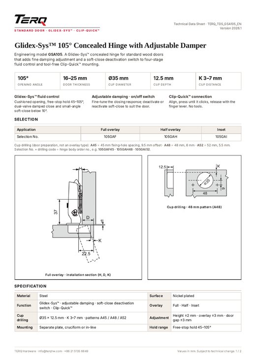 GSA105 technical data sheet, page 1