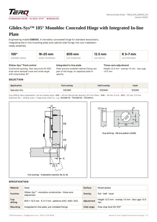 GSM105 technical data sheet, page 1