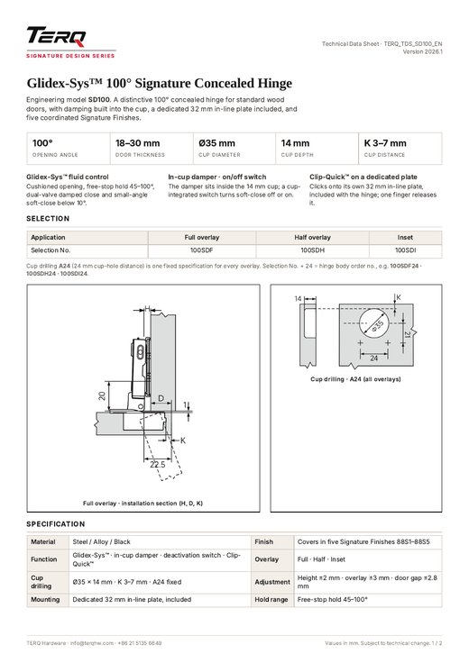 SD100 technical data sheet, page 1
