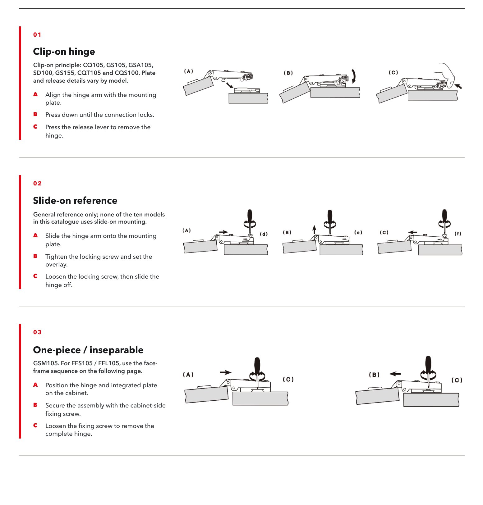 Installation and removal sequences: Clip-Quick™, slide-on reference, one-piece