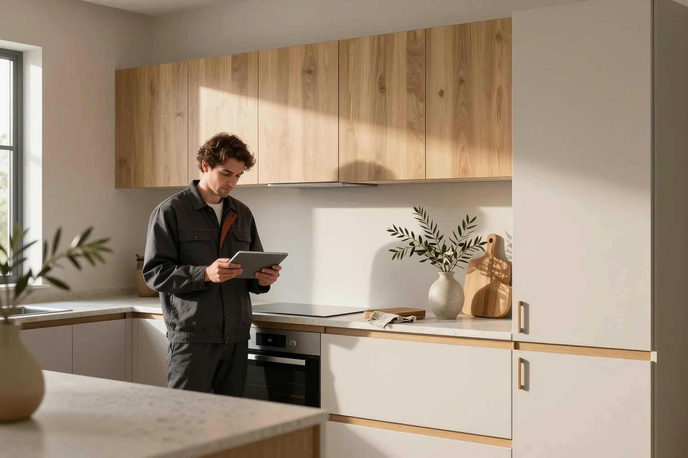 Installer reviewing a Terq technical data sheet on a tablet in a light-oak kitchen