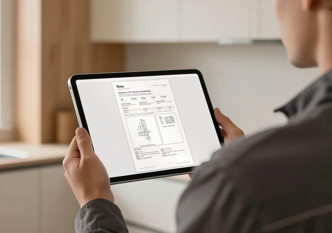 CQ105 technical data sheet open on a tablet
