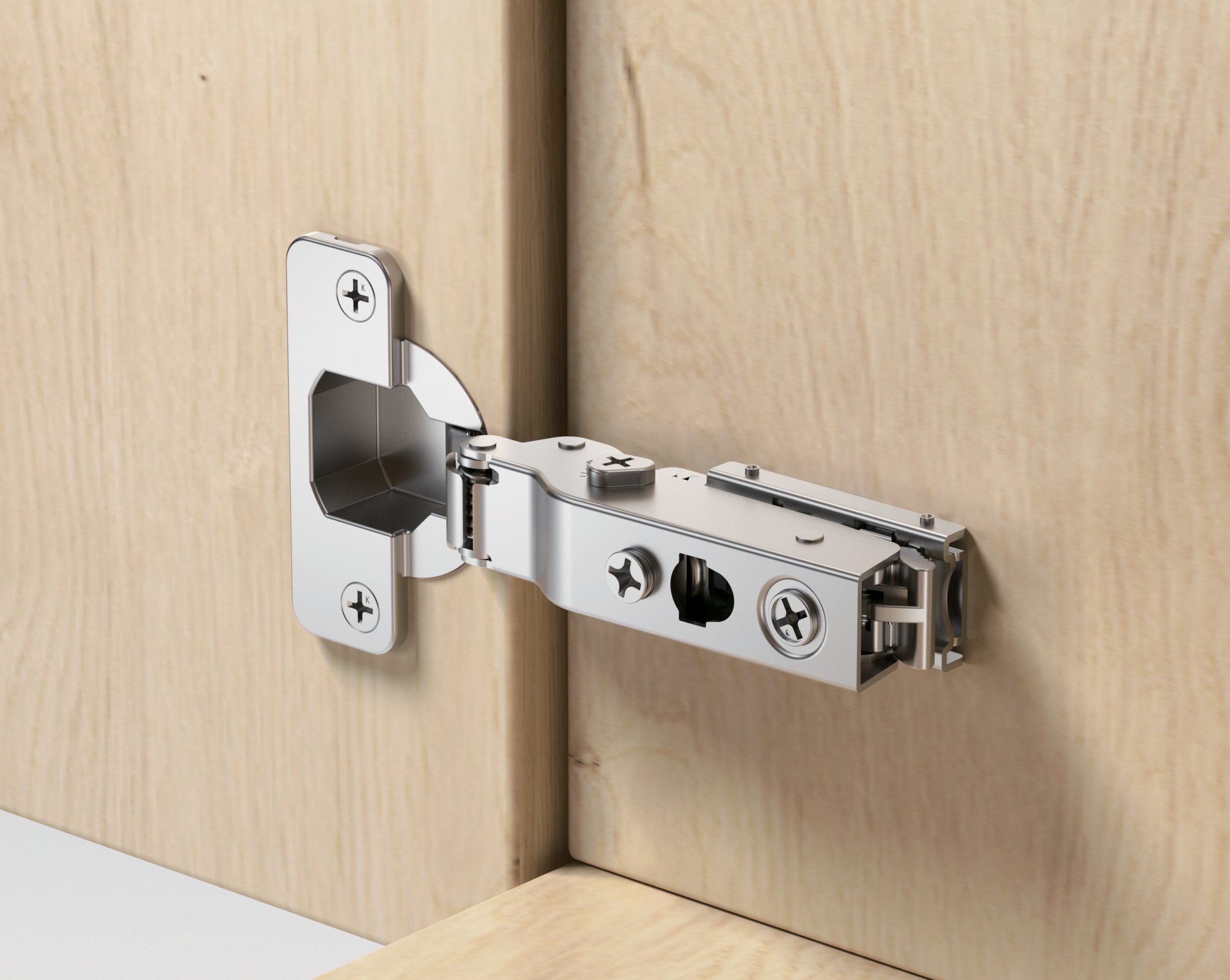 Terq Glidex-Sys™ concealed hinge with adjustable damper installed in a cabinet