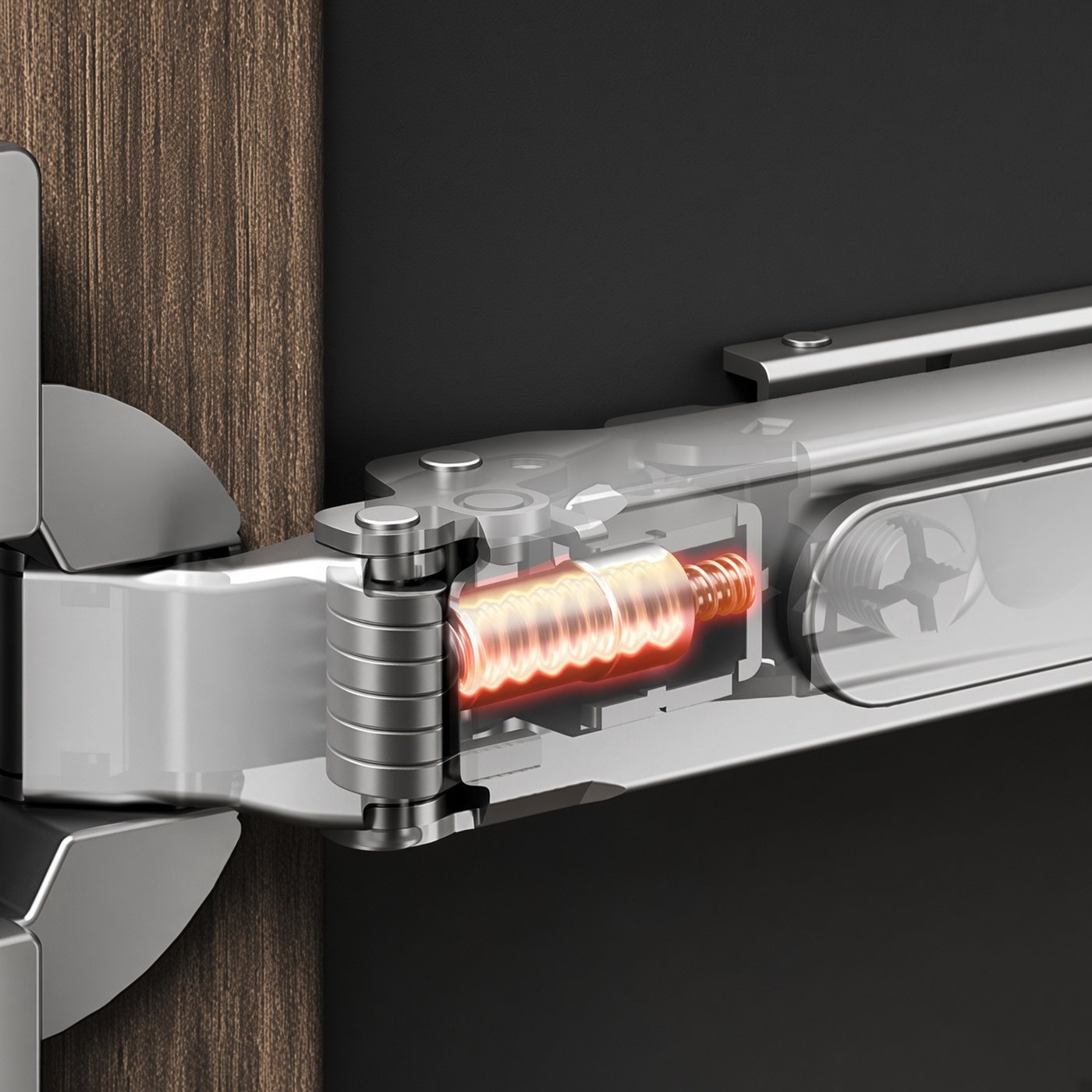 Cutaway of a concealed hinge showing the linear damper inside the hinge arm